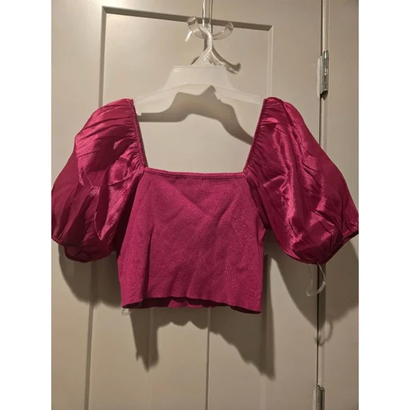 Women's FOREVER 21 Fuchsia Ribbed Puff Sleeve Crop Top L - Picture 3 of 3